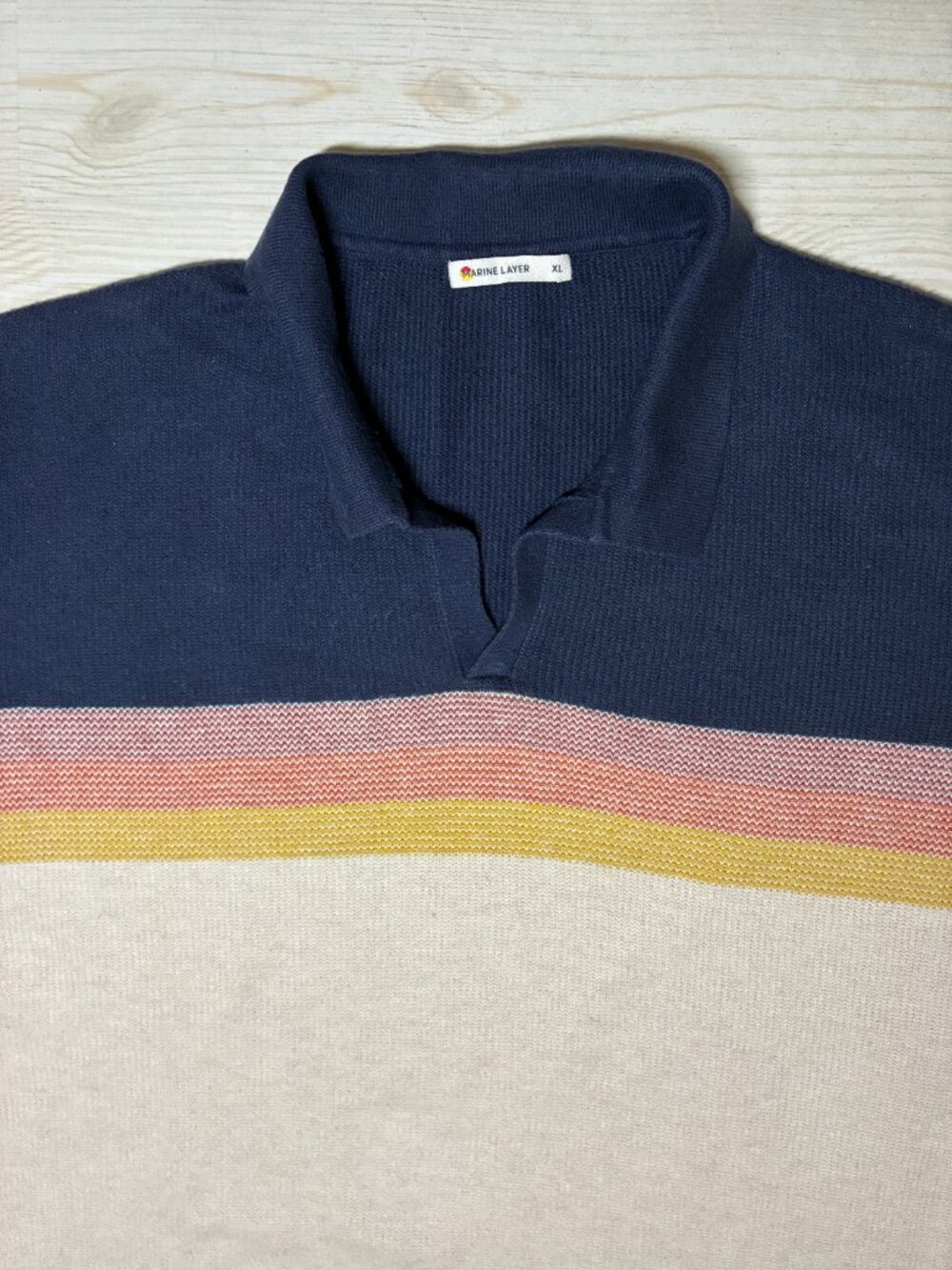 Marine Layer Liam Knit Sweater Polo Size XL Navy Cream Striped 70s Retro Style